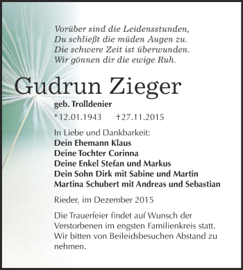 Traueranzeige von Gudrun Zieger von WVG - Wochenspiegel Quedlinburg