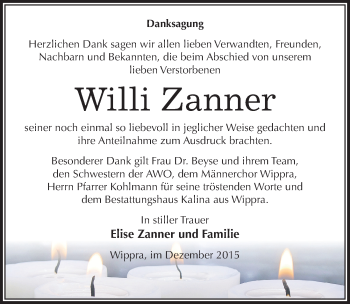 Traueranzeige von Willi Zanner von Mitteldeutsche Zeitung Mansfelder Land
