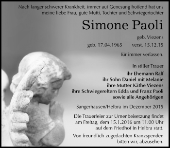 Traueranzeige von Simone Paoli von Mitteldeutsche Zeitung Mansfelder Land