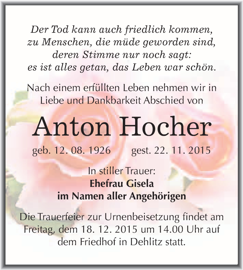  Traueranzeige für Anton Hocher vom 09.12.2015 aus WVG - Wochenspiegel NMB / WSF / ZTZ