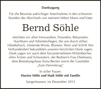 Traueranzeige von Bernd Söhle von Super Sonntag SGH Mansf. Land
