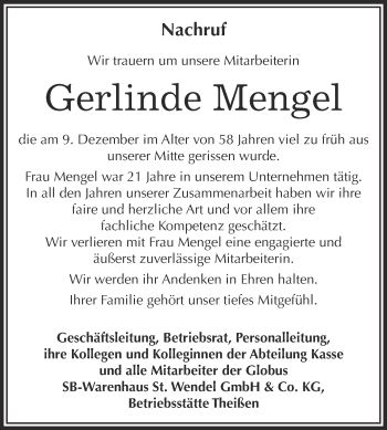 Traueranzeige von Gerlinde Mengel von Super Sonntag Zeitz
