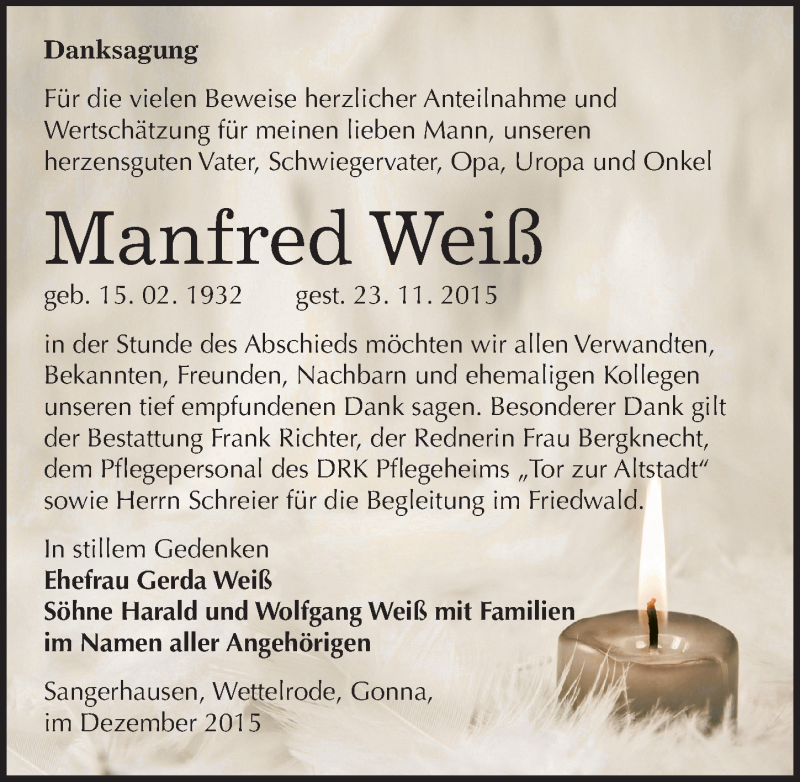 Traueranzeige für Manfred Weiß vom 11.12.2015 aus Mitteldeutsche Zeitung Sangerhausen