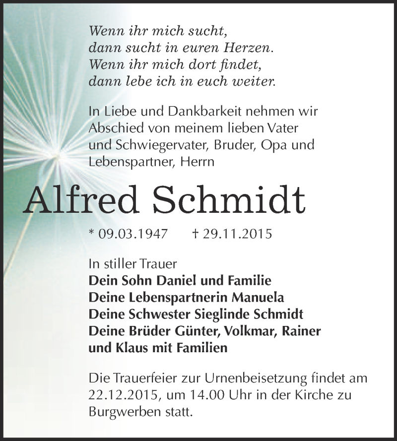  Traueranzeige für Alfred Schmidt vom 16.12.2015 aus WVG - Wochenspiegel NMB / WSF / ZTZ