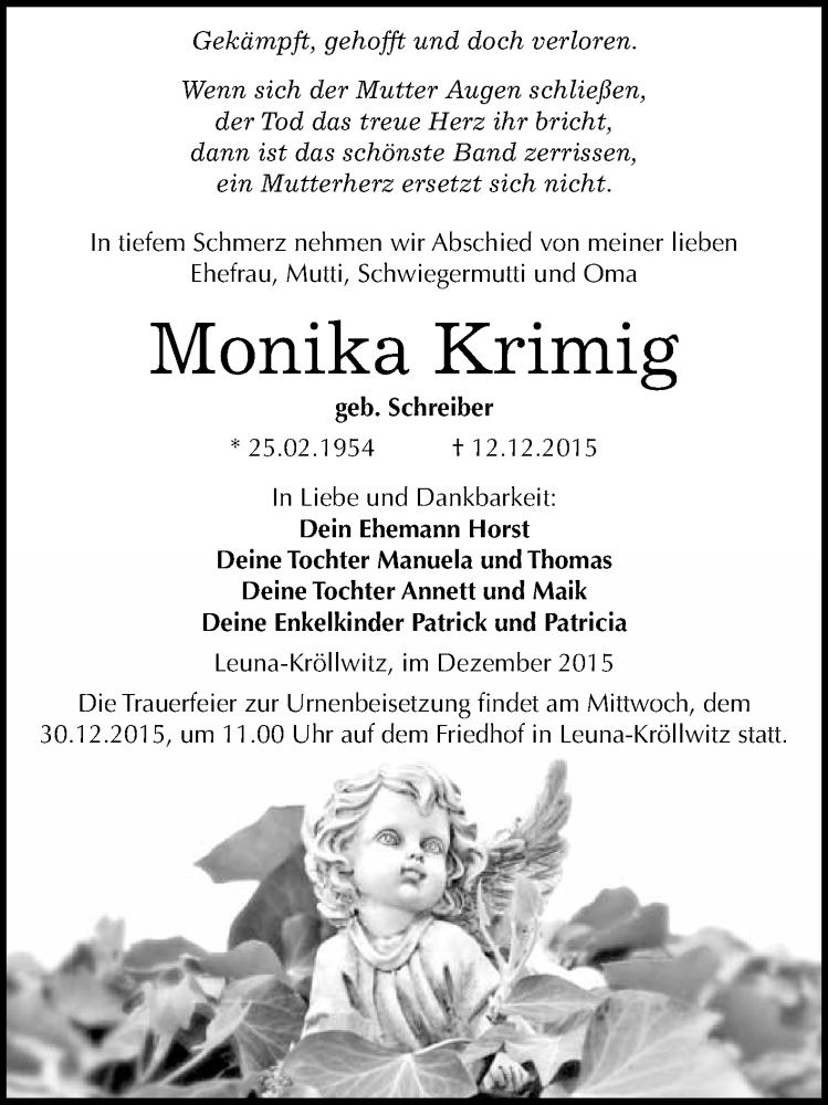 Traueranzeige für Monika Krimig vom 19.12.2015 aus WVG - Wochenspiegel Merseburg