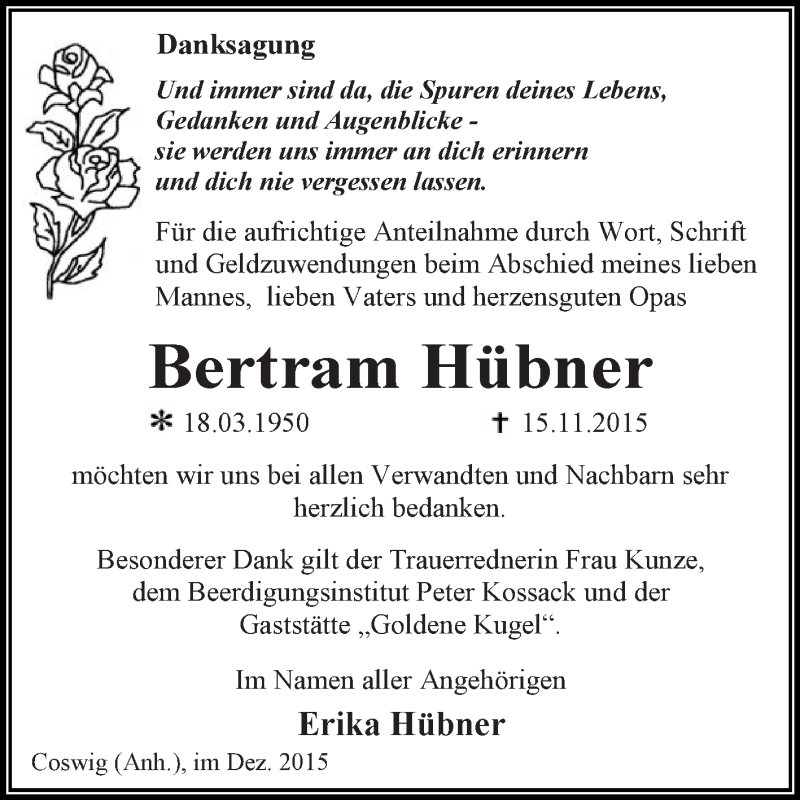  Traueranzeige für Bertram Hübner vom 12.12.2015 aus WVG - Wochenspiegel Dessau / Köthen