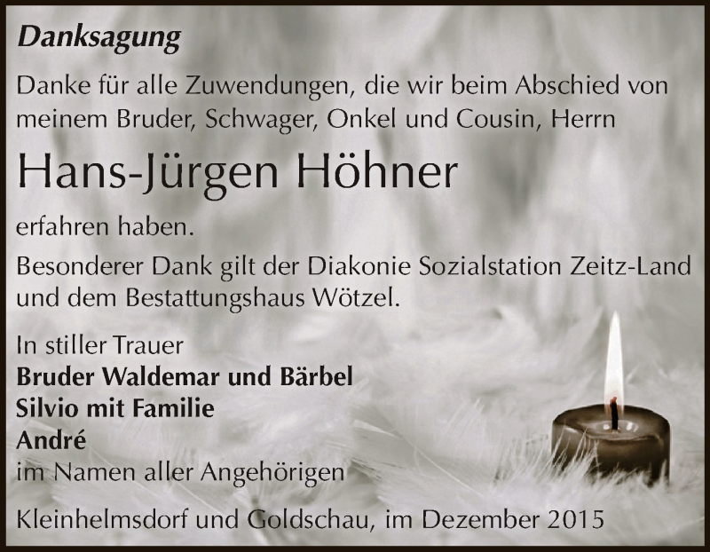  Traueranzeige für Hans-Jürgen Höhner vom 19.12.2015 aus Super Sonntag Zeitz