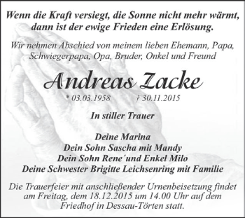 Traueranzeige von Andreas Zacke von WVG - Wochenspiegel Dessau / Köthen