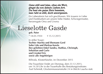 Traueranzeige von Lieselotte Gasde von Mitteldeutsche Zeitung Naumburg/Nebra