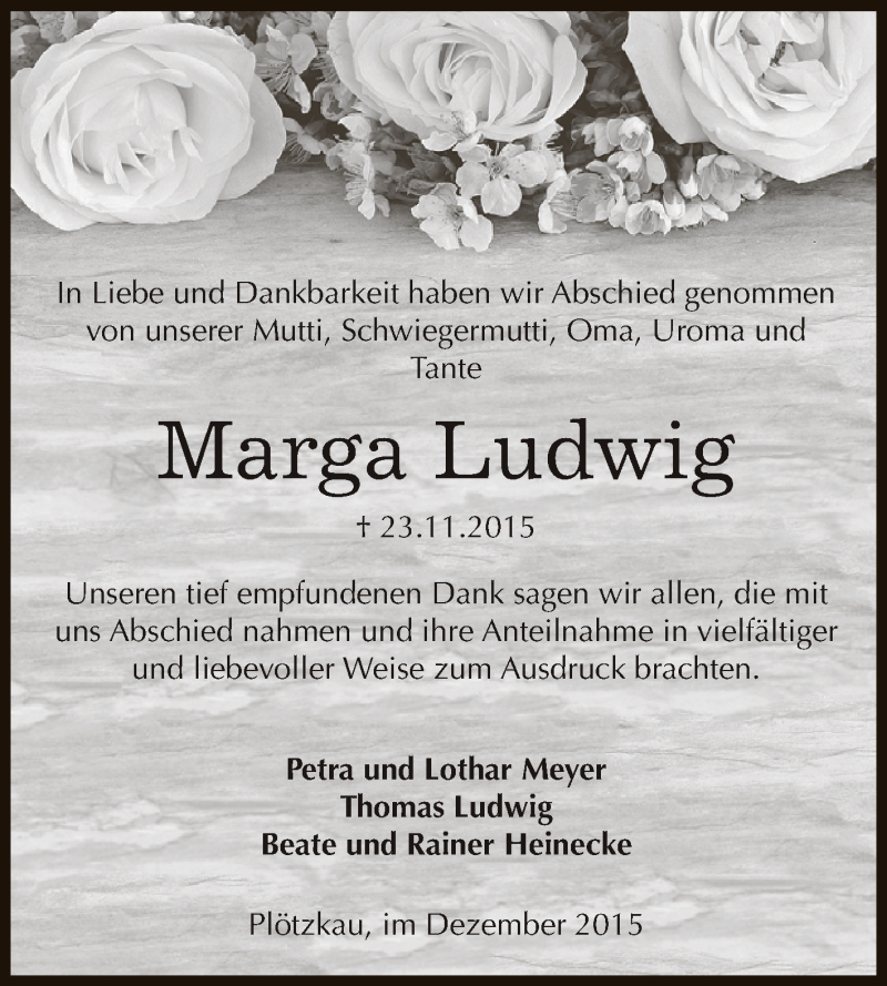  Traueranzeige für Marga Ludwig vom 19.12.2015 aus Super Sonntag Bernburg