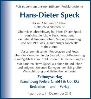 Traueranzeige von Hans-Dieter Speck von Mitteldeutsche Zeitung