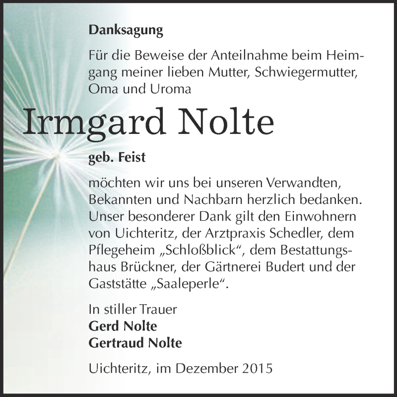  Traueranzeige für Irmgard Nolte vom 09.12.2015 aus WVG - Wochenspiegel NMB / WSF / ZTZ