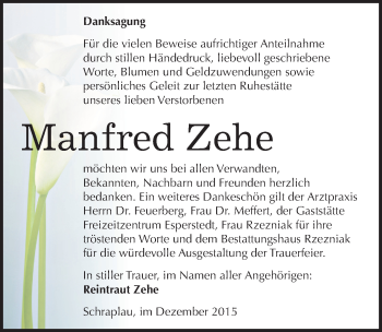 Traueranzeige von Manfred Zehe von Mitteldeutsche Zeitung Merseburg/Querfurt