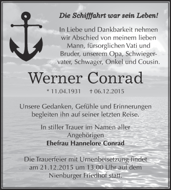 Traueranzeige von Werner Conrad von Super Sonntag Bernburg
