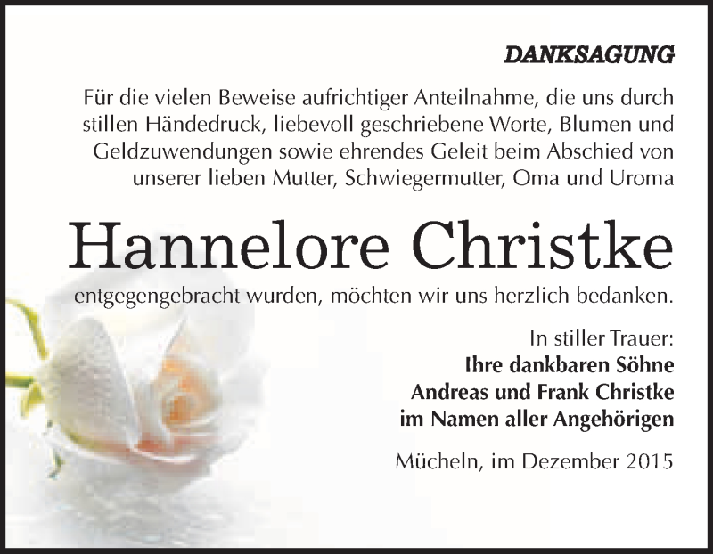  Traueranzeige für Hannelore Christke vom 19.12.2015 aus WVG - Wochenspiegel Merseburg