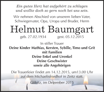 Traueranzeige von Helmut Baumgart von WVG - Wochenspiegel NMB / WSF / ZTZ