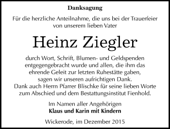 Traueranzeige von Heinz Ziegler von Mitteldeutsche Zeitung Sangerhausen