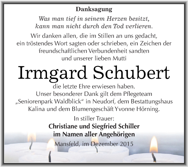  Traueranzeige für Irmgard Schubert vom 05.12.2015 aus Super Sonntag SGH Mansf. Land
