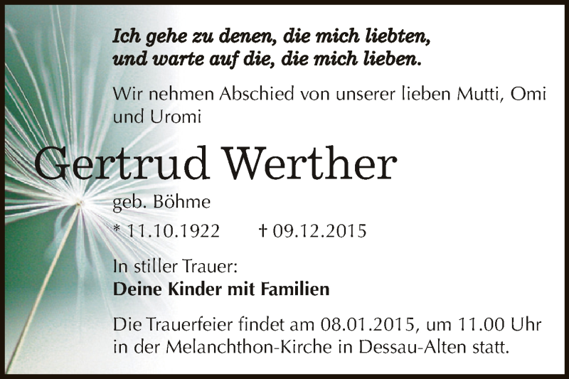  Traueranzeige für Gertrud Werther vom 19.12.2015 aus WVG - Wochenspiegel Dessau / Köthen