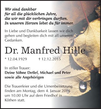 Traueranzeige von Manfred Hille von Mitteldeutsche Zeitung