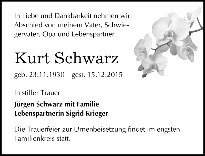  Traueranzeige für Kurt Schwarz vom 22.12.2015 aus Mitteldeutsche Zeitung Mansfelder Land