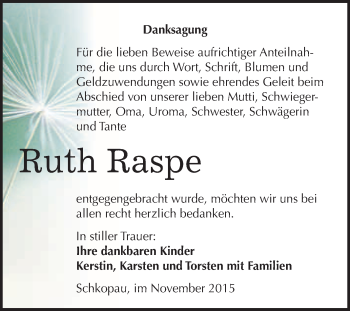 Traueranzeige von Ruth Raspe von WVG - Wochenspiegel Merseburg