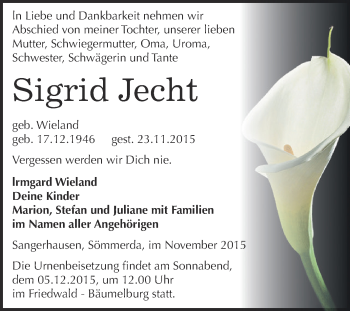 Traueranzeige von Sigrid Jecht von WVG - Wochenspiegel SGH