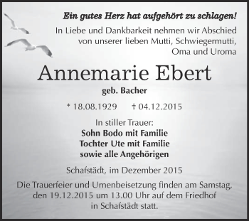Traueranzeige von Annemarie Ebert von WVG - Wochenspiegel Merseburg