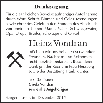 Traueranzeige von Heinz Vondran von Super Sonntag SGH Mansf. Land
