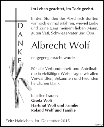 Traueranzeige von Albrecht Wolf von Super Sonntag Zeitz