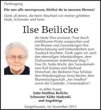 Traueranzeige von Ilse Beilicke von Mitteldeutsche Zeitung Sangerhausen