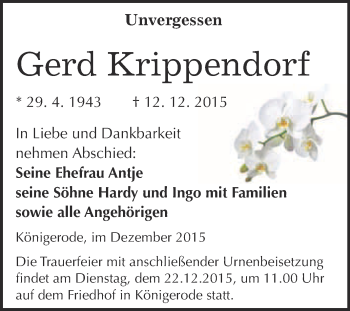 Traueranzeige von Gerd Krippendorf von WVG - Wochenspiegel Quedlinburg