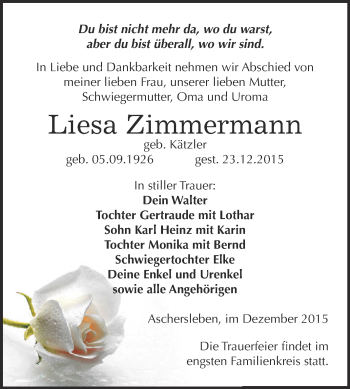 Traueranzeige von Liesa Zimmermann von Super Sonntag Aschersleben