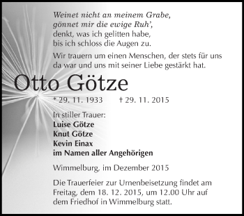 Traueranzeige von Otto Götze von Super Sonntag SGH Mansf. Land