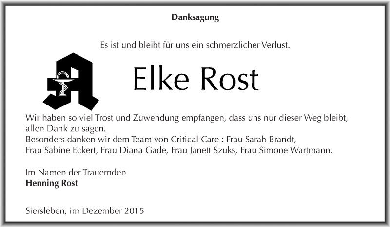 Traueranzeige für Elke Rost vom 12.12.2015 aus Super Sonntag SGH Mansf. Land