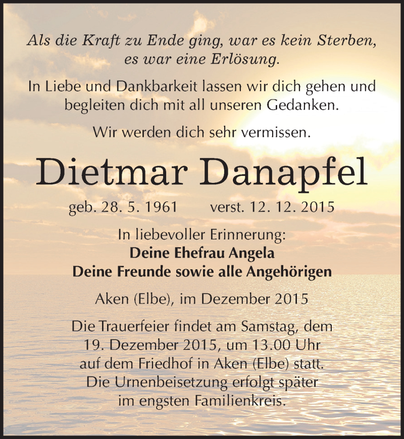  Traueranzeige für Dietmar Danapfel vom 15.12.2015 aus Mitteldeutsche Zeitung Köthen