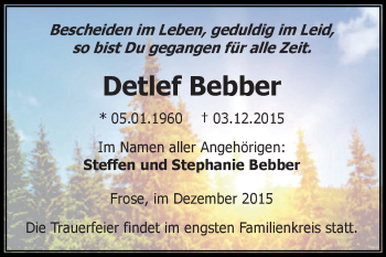 Traueranzeige von Detlef Bebber von Super Sonntag Aschersleben