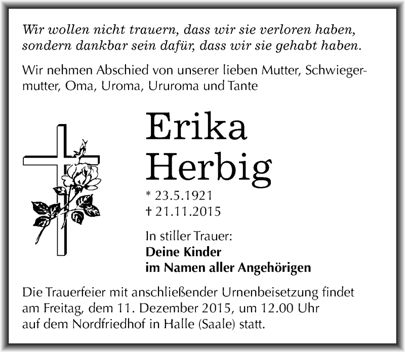  Traueranzeige für Erika Herbig vom 05.12.2015 aus Mitteldeutsche Zeitung Halle/Saalkreis