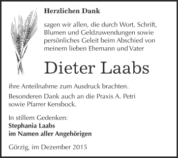Traueranzeige von Dieter Laabs von WVG - Wochenspiegel Dessau / Köthen