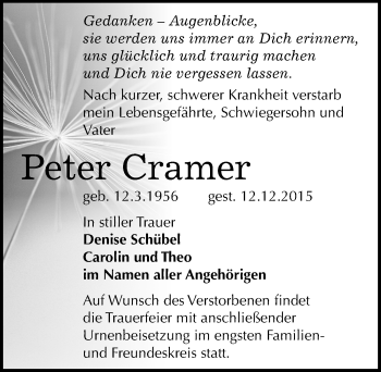 Traueranzeige von Peter Cramer von Mitteldeutsche Zeitung Sangerhausen