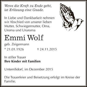 Traueranzeige von Emmi Wolf von Wochenspiegel Mansfelder Land