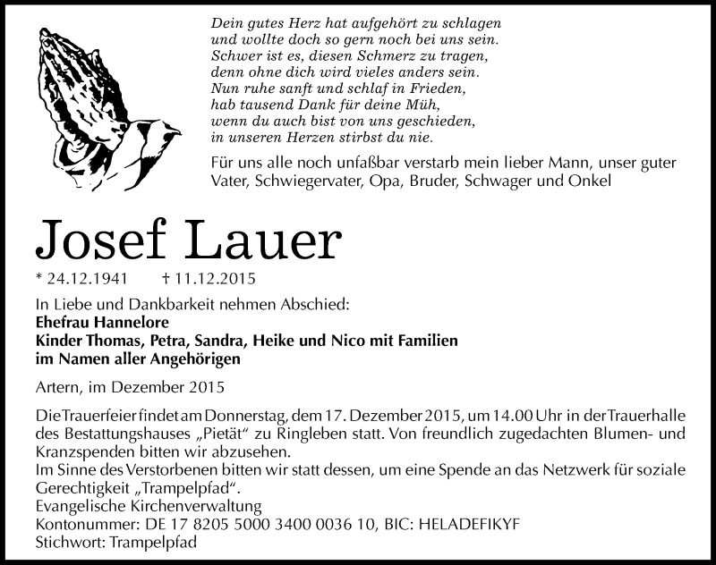  Traueranzeige für Josef Lauer vom 15.12.2015 aus Mitteldeutsche Zeitung Sangerhausen