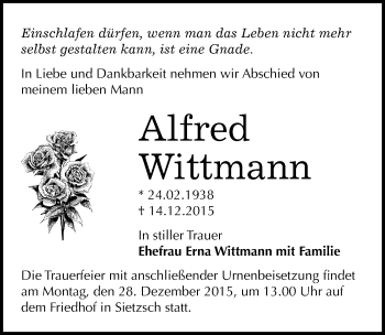 Traueranzeige von Alfred Wittmann von Mitteldeutsche Zeitung Halle/Saalkreis