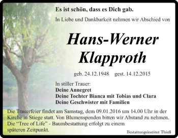 Traueranzeige von Hans-Werner Klapproth von Super Sonntag Quedlinburg