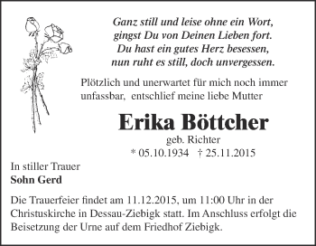 Traueranzeige von Erika Böttcher von WVG - Wochenspiegel Dessau / Köthen