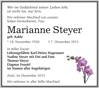 Traueranzeige von Marianne Steyer von Super Sonntag Zeitz
