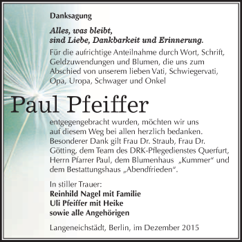 Traueranzeige von Paul Pfeiffer von WVG - Wochenspiegel Merseburg