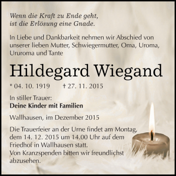 Traueranzeige von Hildegard Wiegand von Super Sonntag SGH Mansf. Land