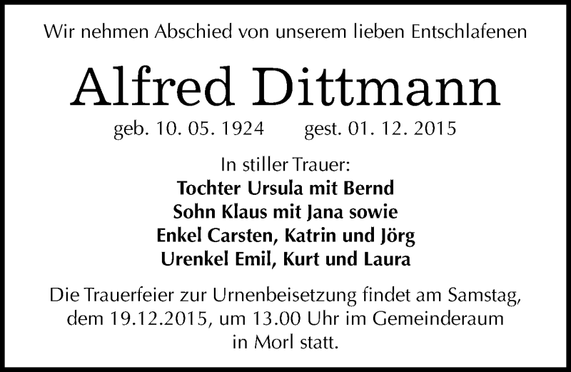  Traueranzeige für Alfred Dittmann vom 12.12.2015 aus Mitteldeutsche Zeitung Halle/Saalkreis