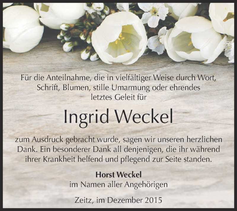  Traueranzeige für Ingrid Weckel vom 19.12.2015 aus Super Sonntag Zeitz